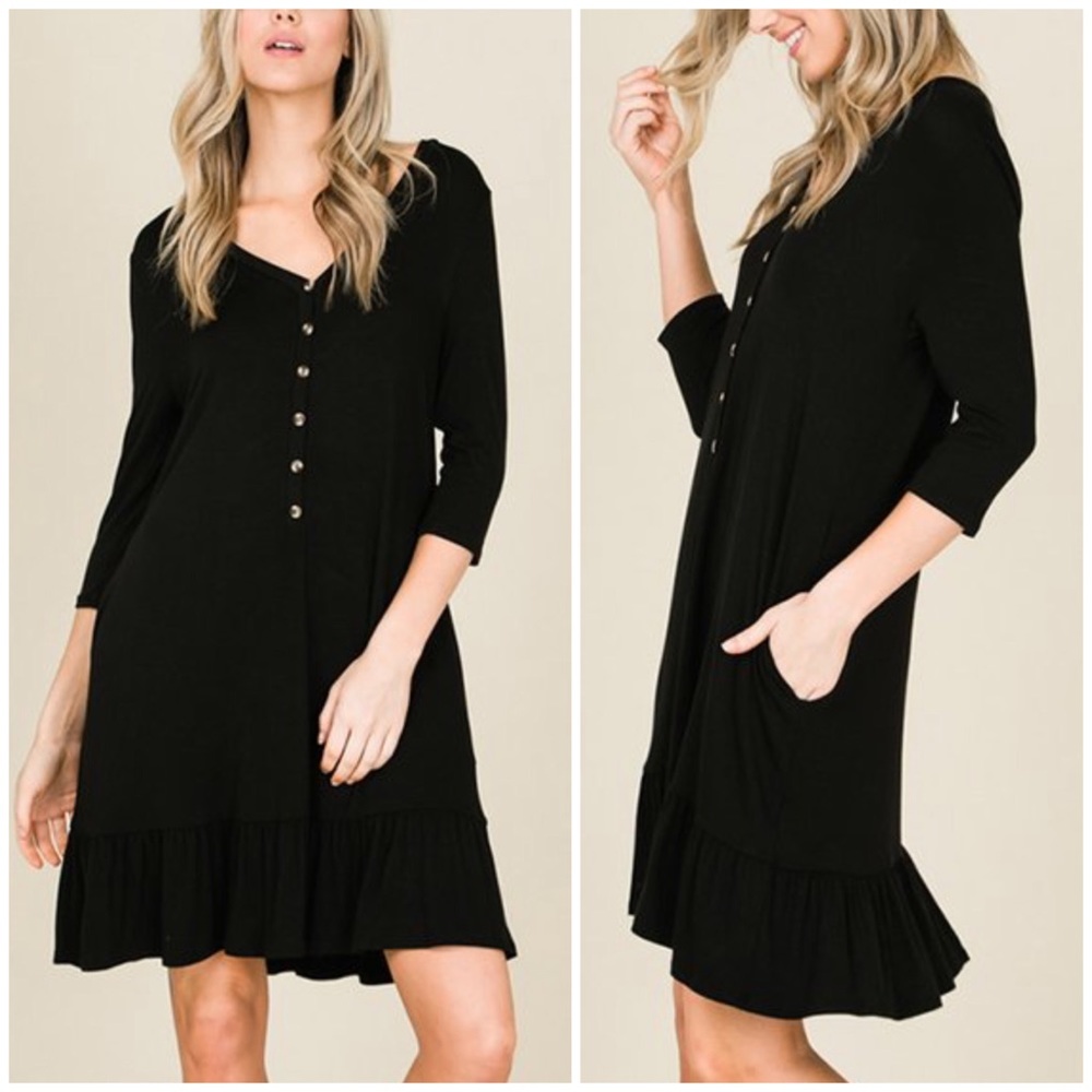 ☀️BLACK BUTTON DOWN RUFFLED DRESS - Picture 2 of 10